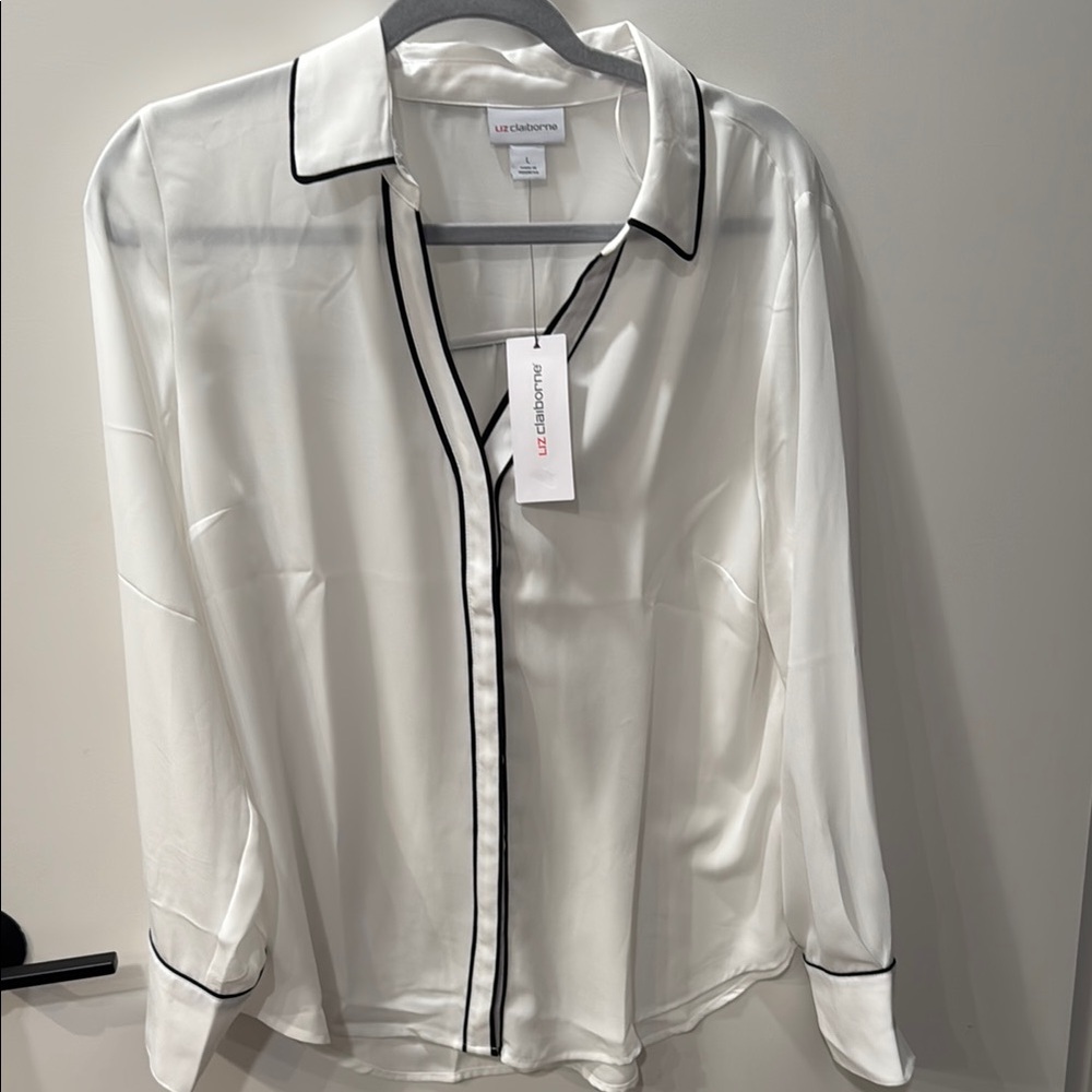 Liz Claiborne Ivory Blouse with Black Piping